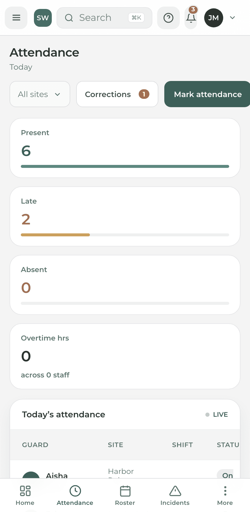 Trela Workforce mobile app showing today’s present, late and absent staff